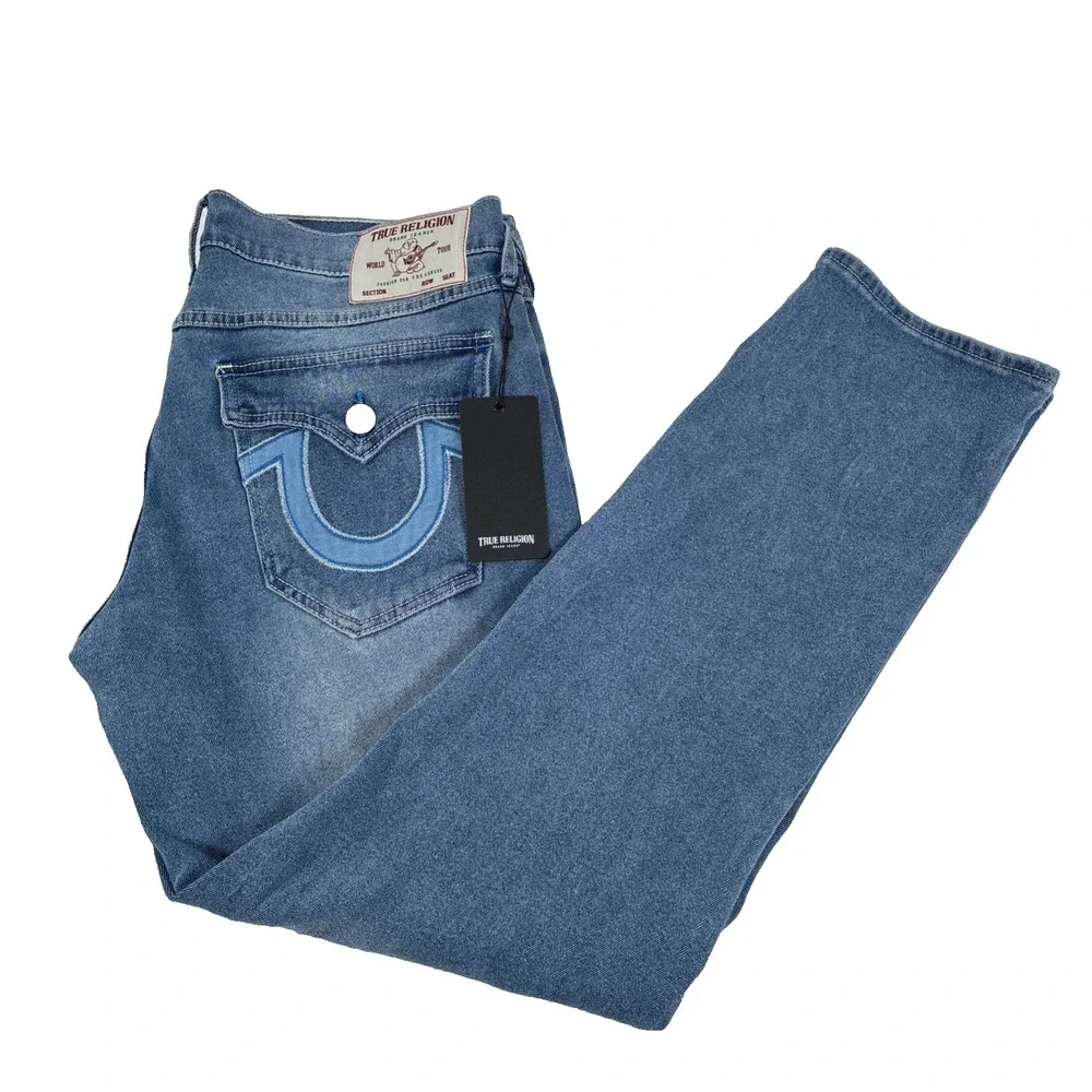 New True Religion Geno SN HS Appliqué Flap Slim Relaxed Jeans Mens 34x32 NWT